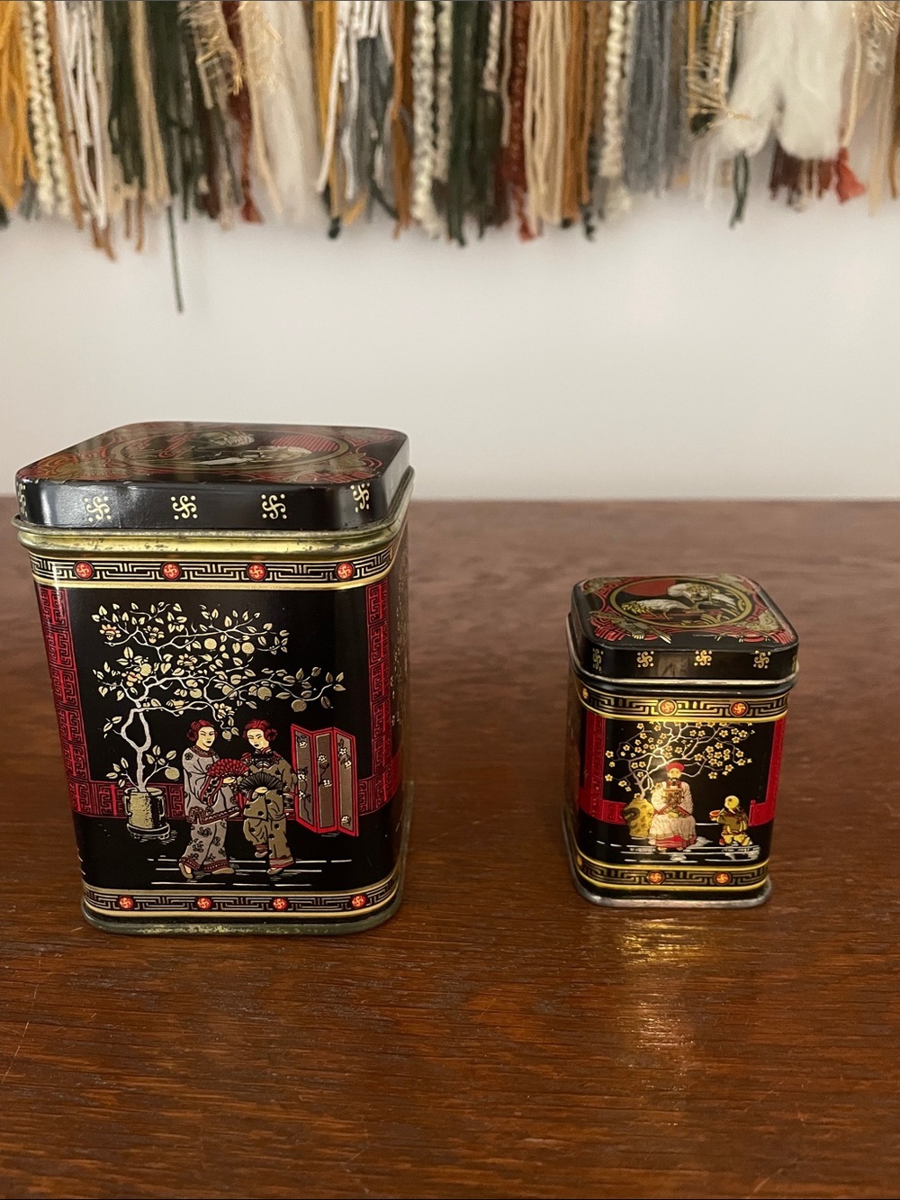 Decorative Black and Red Oriental Tin Canister Set - Home Accents